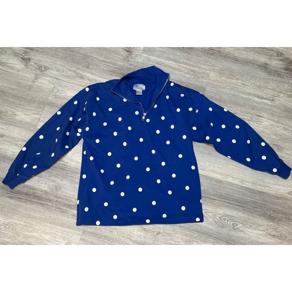 Vintage Brass Plum Nordstrom blue Polka Dot quarter zip pullover. Women's Small‎